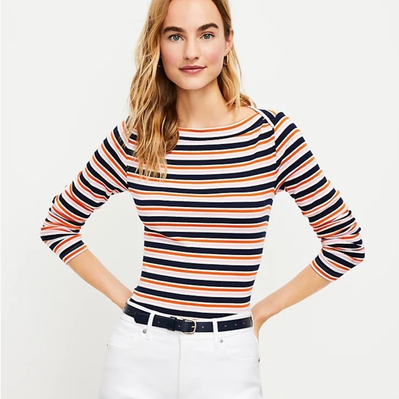 LOFT Tops - LOFT Coastal Striped Ribbed Boatneck Tee
